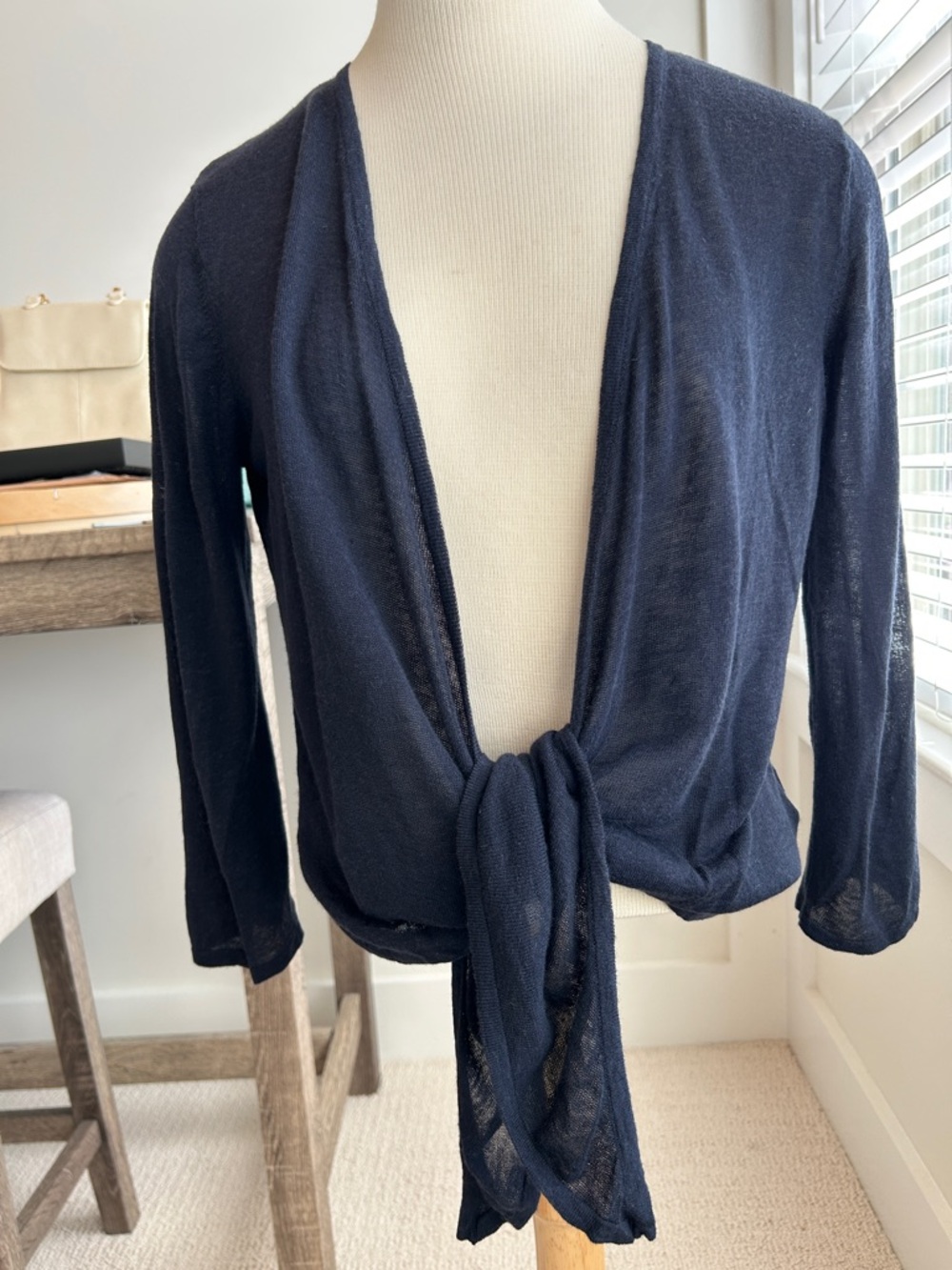 Adrienne Vittadini  Navy Linen Blend Open Front Cardigan Size Large.